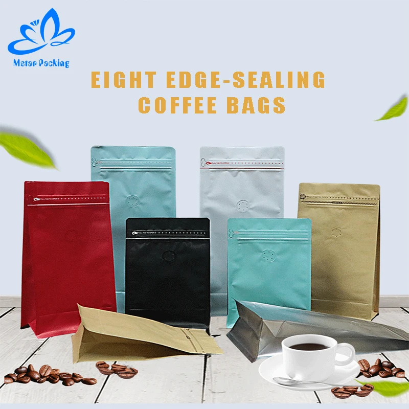 100PCS Factory Price Customize Eight Side Coffee Nuts Beans Food-Grade Packaging Zipper Pouch Valves And Zippers With Valve Bags |