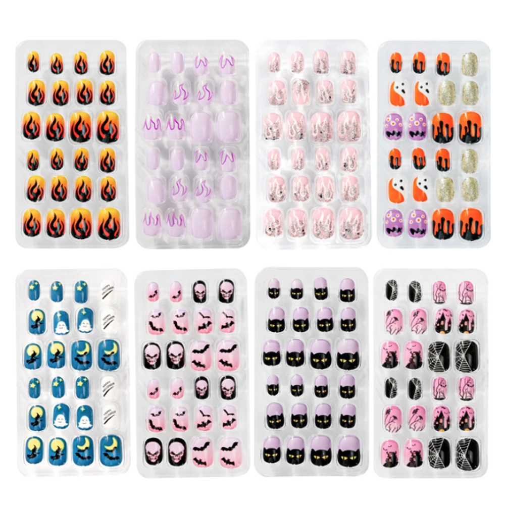 

24PCS Halloween Christmas Cartoon False Nails Tips For Children Kids Girls Press On Full Cover Fake Nails Art Manicure Tips