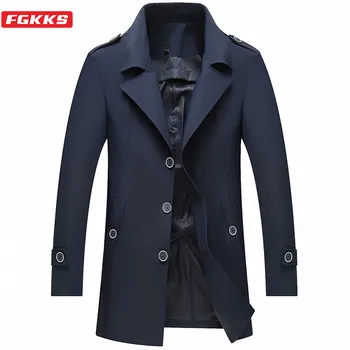 

FGKKS Men Trench Coats Autumn Solid Color Men Business Casual Warm Jacket Single Breasted Wrinkle Resistance Trench Coat Male