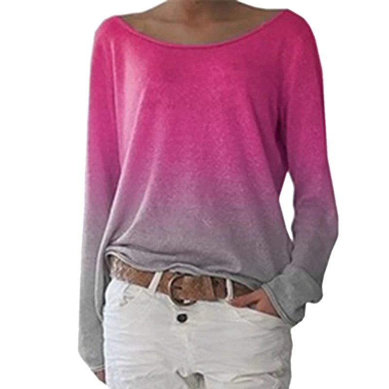 

2020 Spring Long Sleeve T Shirt Women T-shirt Splicing Gradient Print Shoulder Round Neck T Shirt Casual Loose Tops