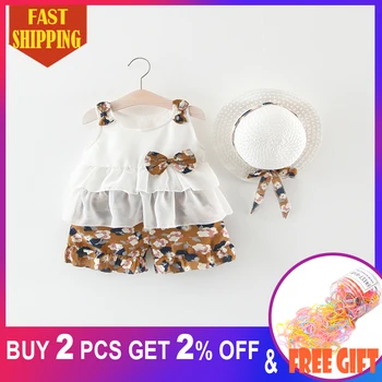 

Baby Girls Dresses 2020 Newborn Toddler Floral Clouds Summer Kids Princess Vest+Short+Hat Sundress Hat 2PCS Clothing Set Sunsuit