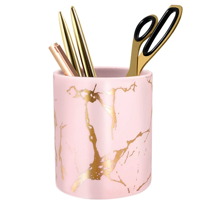 Gold Pink Держатель для ручек, подставка для стола с мраморным узором, чашка для карандашей для девочек, детский прочный керамический Настольный органайзер, держатель для кистей для макияжа, идеальный G - Цвет: Gold Pink