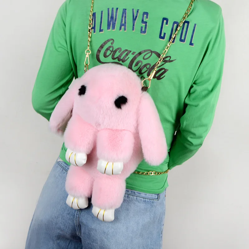 

2019 New Style Lady Bag Playing Dead Meng Rabbit Chain Shoulder Bag Plush Cartoon Faux Rex Rabbit Fur Shoulder Children's Bags