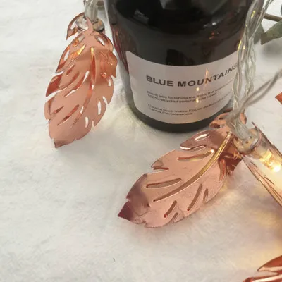 LED Light String New Rose Gold Wrought Iron Feather Leaves 10 Led Battery Light Bedroom Party Decoration Christmas Lights String