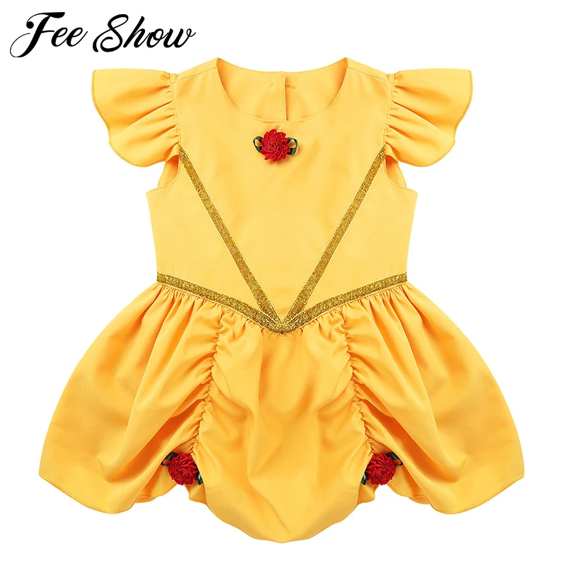 Младенческая Одежда для маленьких девочек с рукавами-клеш, 3D розочки, закрытие кнопок, комбинезон на спине, платье для Хэллоуина, костюм для костюмированной вечеринки
