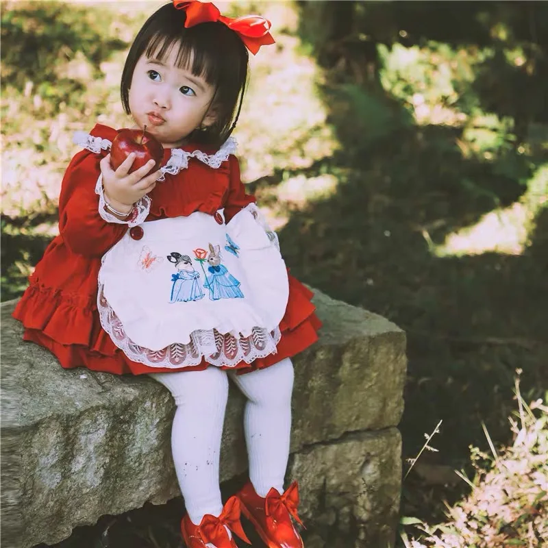 Платье для малышей красное платье с длинными рукавами милые платья-пачки с вышитым кроликом для девочек
