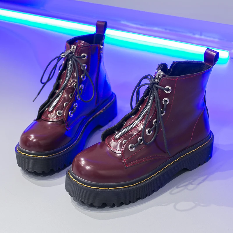 Г., новые армейские ботинки в стиле панк женские ботинки на платформе кожаные ботильоны красного и черного цвета Женская Винтажная обувь на молнии со шнуровкой в готическом стиле