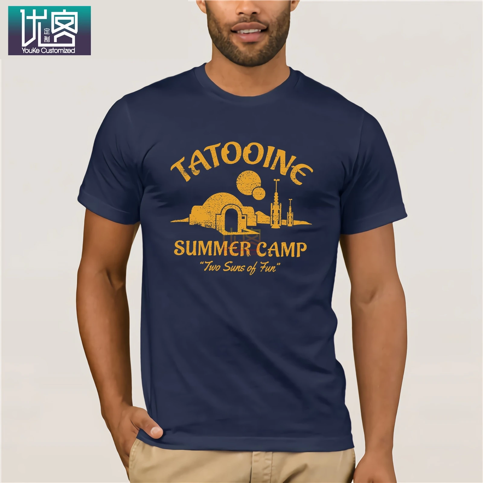 Tatooine/Летняя футболка с короткими рукавами и надписью «Camp Two Suns Of Fun»; Уникальный Повседневный Топ с короткими рукавами; Забавные футболки; хлопковые топы; футболка