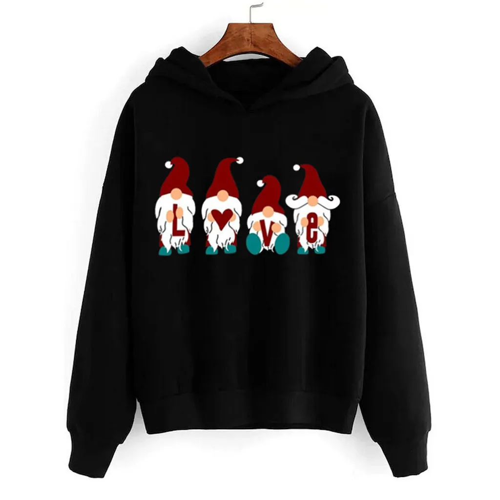 CHAMSGEND Christmas Print hoodie women Long sleeve warm Hooded Sweatshirts New Year Ladies Sweatshirt Mujer Tops Moletom#4 - Цвет: Black