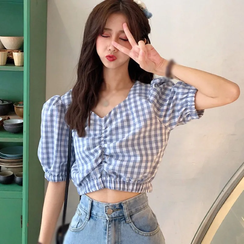 

ETOSELL Blouses Plaid Blouse Summer Croppped V-Neck Puff Sleeve Pleated Women Sweet Tops