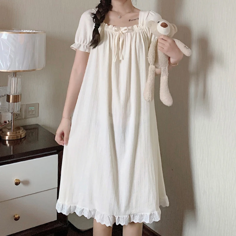 Vintage Kawaii Nightgowns Cotton Women's Sleepwear Lace Ruffle