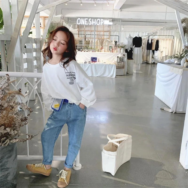 

2019 Autumn Childrenswear Korean-style Children Solid Color Jeans Big Boy Soft Plastic Wallet Long Pants Belt Included