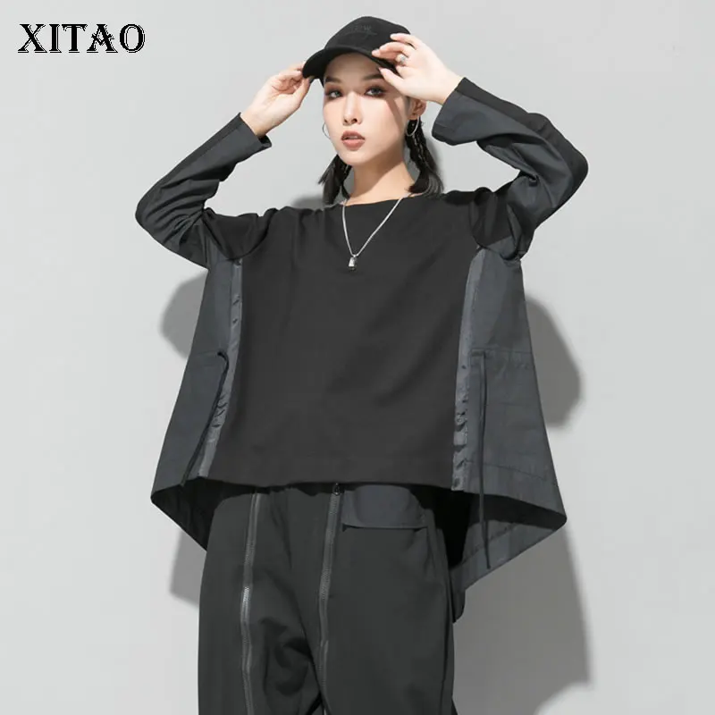 

XITAO Pleated Sheath Women T Shirt Fashion 2019 Autumn Pullover Elegant Irregular Patchwork Black Small Fresh Tee Top WLD2607