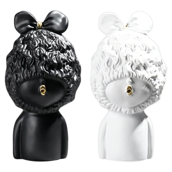 

2 Pcs Modern Resin Flower Girl Ornaments Artwork Home Living Room Table Furnishing Crafts White & Black