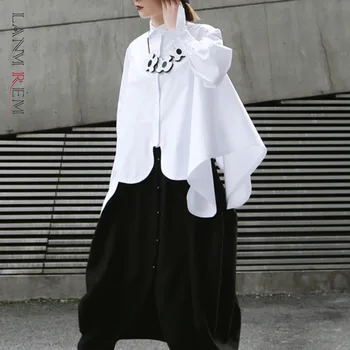 

LANMRME 2020 New Spring Summer Lapel Long Sleeve White Irregular Hem Cut Stitch Irregular Big Size Shirt Women Blouse JO195
