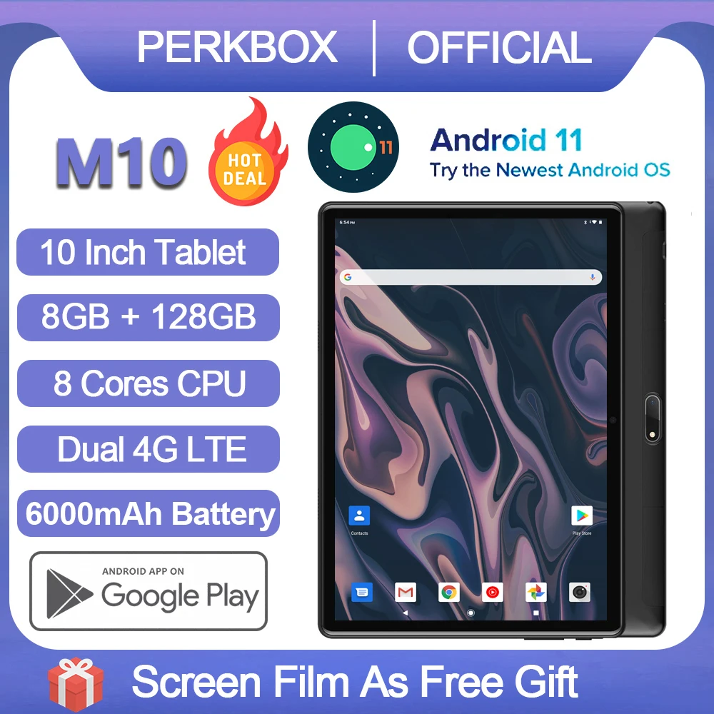[World Premiere] M10 Plus 10 Inch Tablet Android 11.0 8GB RAM 128GB ROM Dual Cameras 4G FDD LTE Phone Call WiFi Type-C GPS Pad | Компьютеры