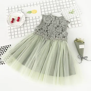 

2020 New Arrivals Summer Style Sleeveless Lace Hole Green Mesh Dresses Cute 2Pcs Girls Cute A-Line Dresses