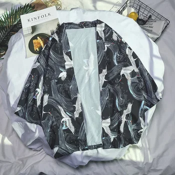 

Print Crane Male&female Casual Cardigan Traditional Kimono Gown Japanese Style Harajuku Shirt Loose Samurai Clothing Blouse