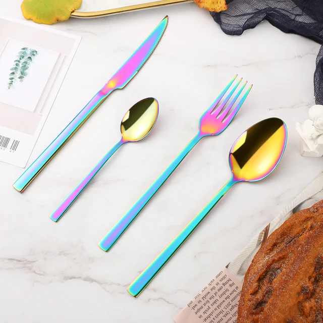16Pcs Colorful Cutlery Set Knives Fork Tea Spoon Dinnerware Flatware Set  18/10 Stainless Steel Tableware Kitchen Silverware Set - AliExpress