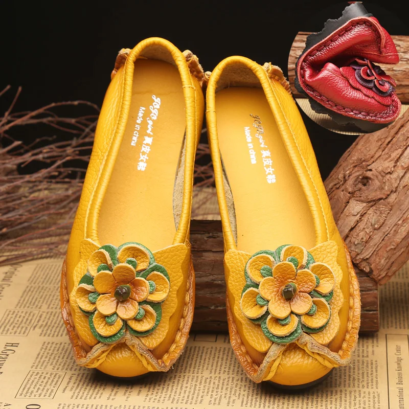 Shoes Female Flats Woman Loafers Genuine-Leather Spring Flower Casual for New-Style