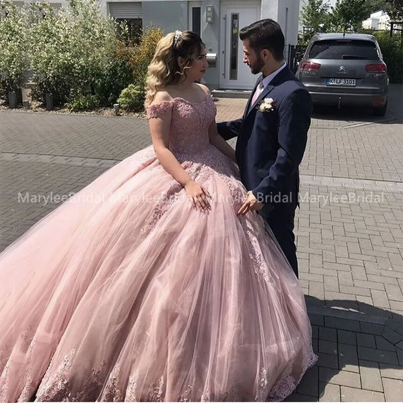 Длинное Пышное Бальное Платье для малышей; розовое бальное платье с открытыми плечами с аппликацией из тюля; маскарадные платья; Vestido 15 Anos; вечерние платья