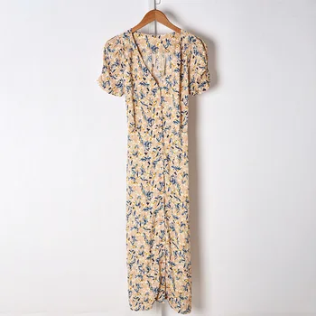 

Floral Dresses for Women Single Breasted Puff Sleeve Retro Print V-neck Lace-up Female Casual Robe with Sashes New