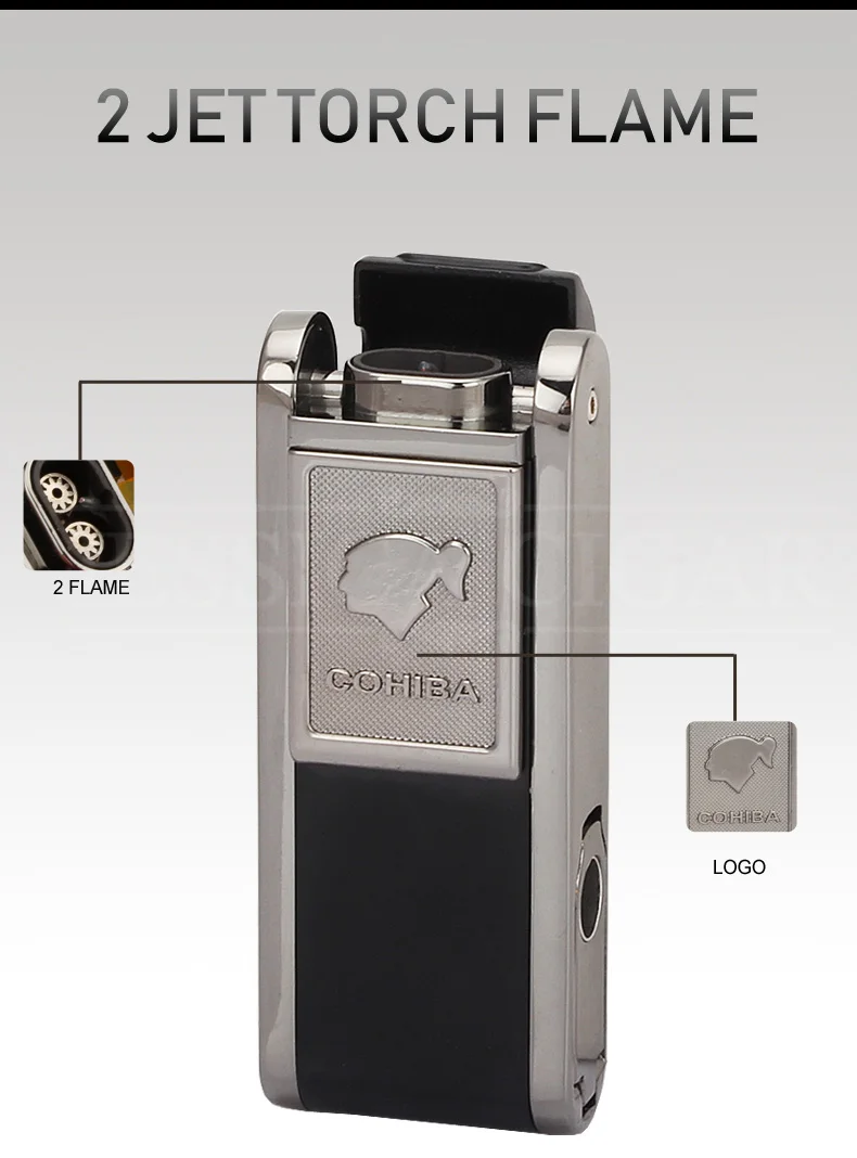 COHIBA карманные зажигалки бутан ветрозащитный 2 струйный фонарь прикуриватель портативный металлический прикуриватель для сигарет