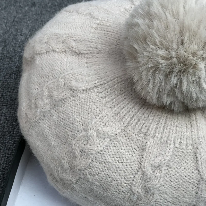 Autumn Winter Pom Pom Knit Beanie Hats Rabbit Hair Ball Thick Warm Women Soft Painter Hat NZ114