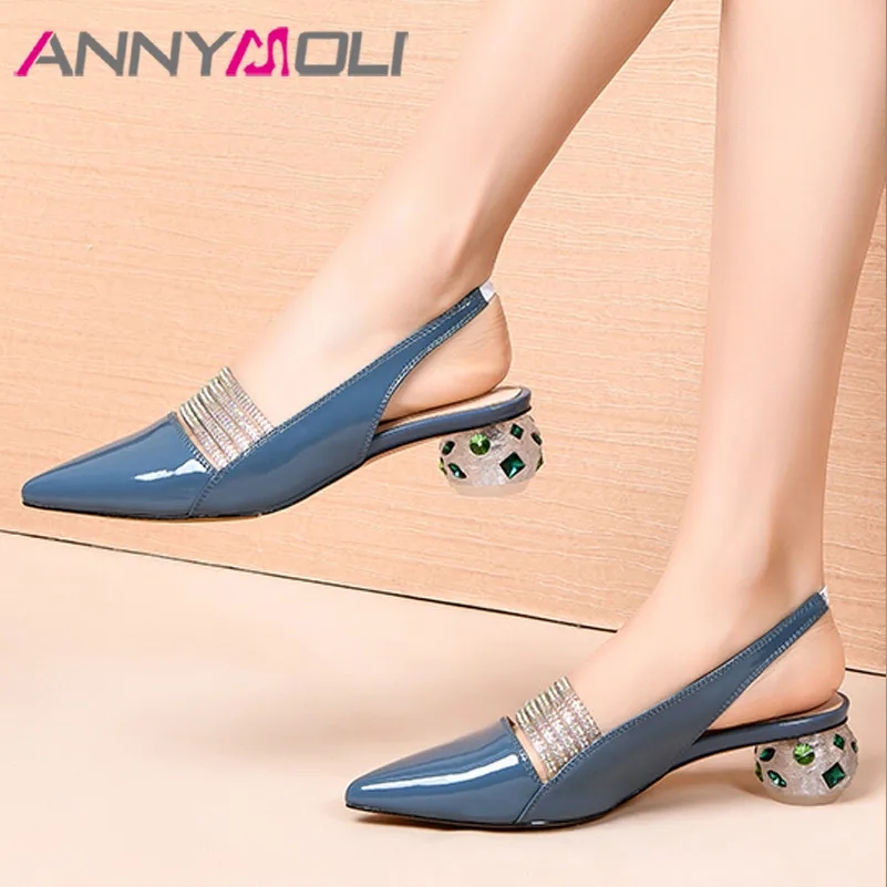 

ANNYMOLI Woman Slingbacks Pumps Real Leather Shoes Strange Style Heels Pumps Pointed Toe Med Heel Shoes Crystal Lady Footwear 41