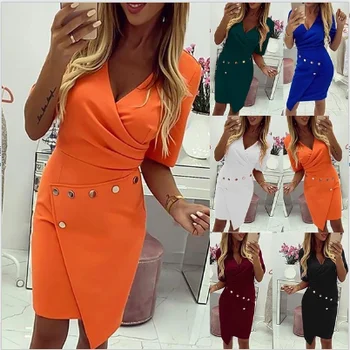 

COLDKER Fashion Women Solid Color OL Office Dress Irregular Hem Slim Bodycon Business V-neck Work Dress casual drss ladies
