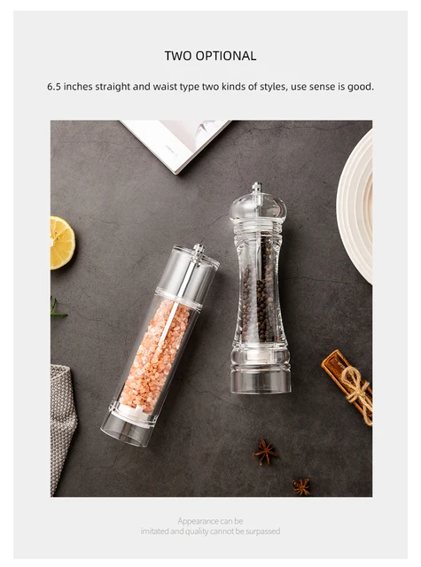 Clear Acrylic Pepper Grinder，Refillable Salt Pepper Mill Shaker Kitchen  Supplies for Sea Salt, Peppercorn - 6 inches
