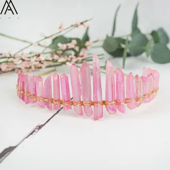 

Gold Wire Wrapped Titanium Pink Quartz Stick Point Crown Headband For Women Crystal Crown Tiara Hair Accessories HG084AMCI