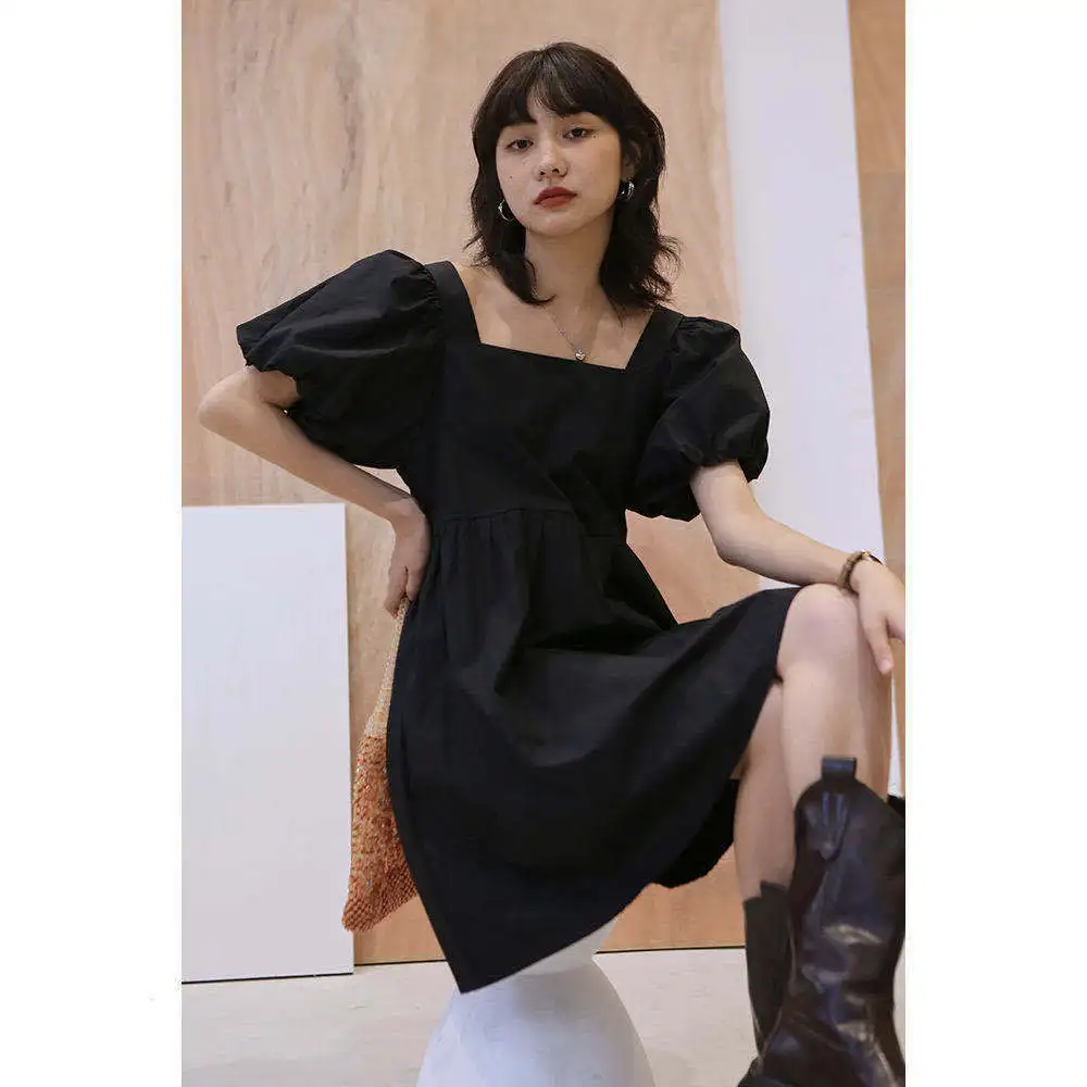 Dress Women Pure Puff Sleeve All-match Elegant Square Collar Loose Temperament Fashion 2021 Newest Classy Summer Clothing Tender womens clothes