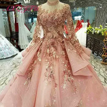 

AXJFU luxury princess beading crystal pink lace high neck bride ruffles illusion bride long sleeve sparkly wedding dress 320400