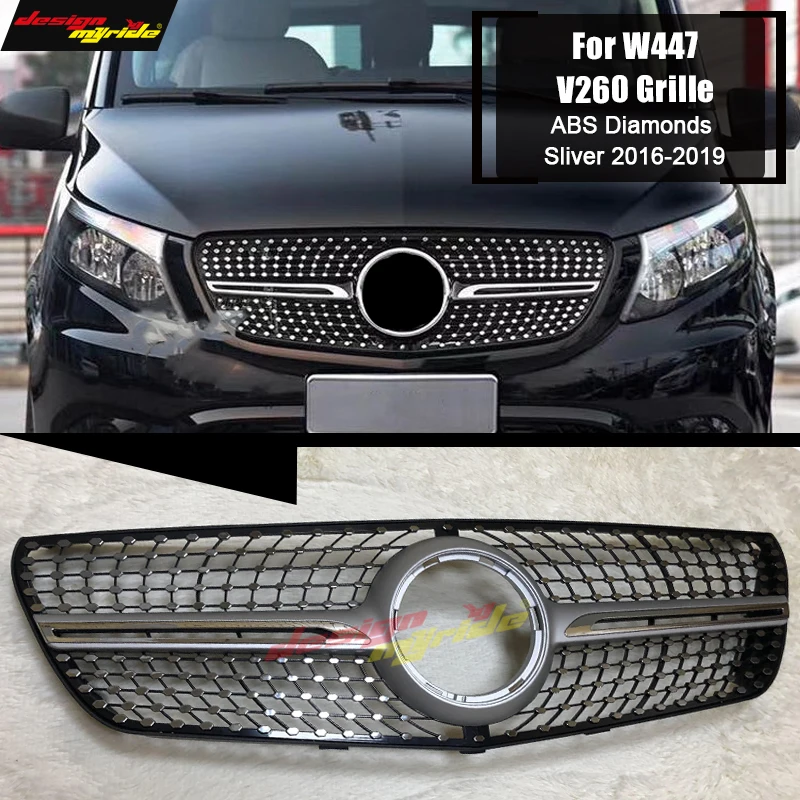 For MercedesMB W447 vito Diamonds Front Grille Grill ABS Silver V Class V260 V250 Look Sport Front Grills Without Sign 2016-2019 For MercedesMB W447 vito Diamonds Front Grille Grill ABS Silver V Class V260 V250 Look Sport Front Grills Without Sign 2016-2019