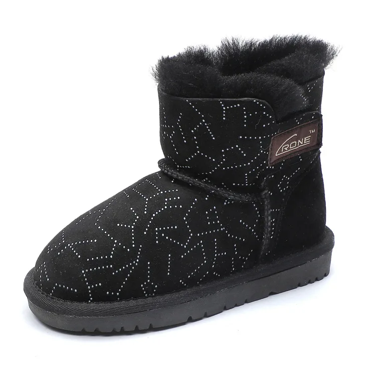Зимние ботинки для маленьких девочек и мальчиков теплые уличные детские ботинки водонепроницаемые Нескользящие Детские ботинки с мехом для младенцев, обувь из натуральной шерсти - Цвет: Stardust black
