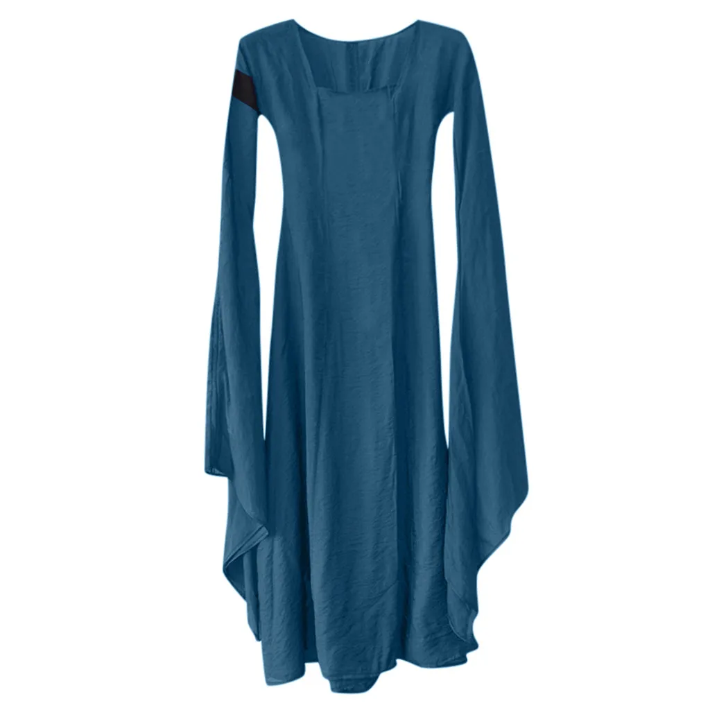 Очаровательный Для женщин платья на осень и зиму средневековая готика Ретро Женская одежда одноцветные Бальные платья с длинным рукавом платье макси-длины de verano - Цвет: Синий