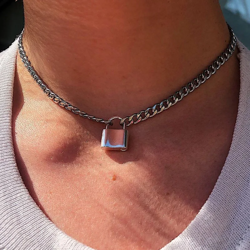 

Stainless Steel Silver Color PadLock Pendant Necklaces Brand New link Chain lock Necklaces collar femme women