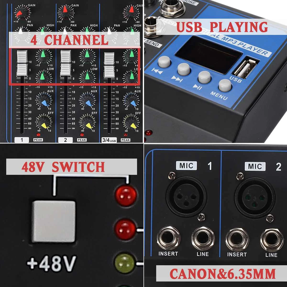 Портативный аудио микшер с Bluetooth USB DJ звуковая микшерная консоль MP3 Разъем 4 канала