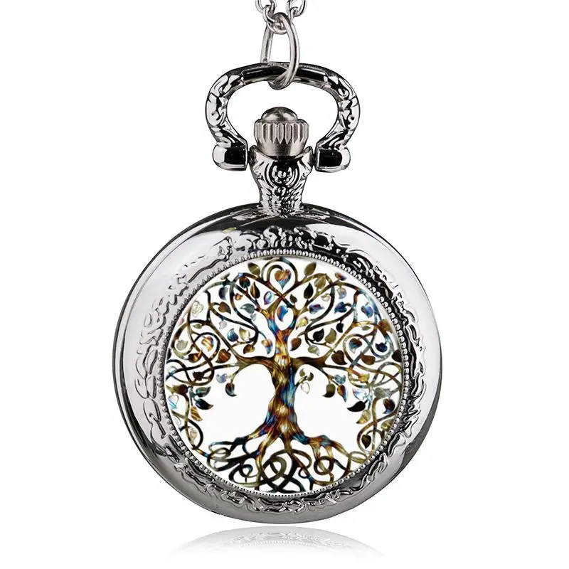 Винтажные бронзовые карманные часы Дерево жизни полые Кварцевые часы для мужчин и женщин кулон ожерелье Подарки Часы - Цвет: silver