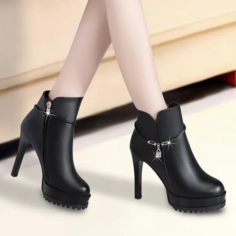 

2019 Autumn And Winter New Style Thin Heeled round-Toe High Heel Boots Women's Waterproof Platform Man-made Diamond Martin Boots