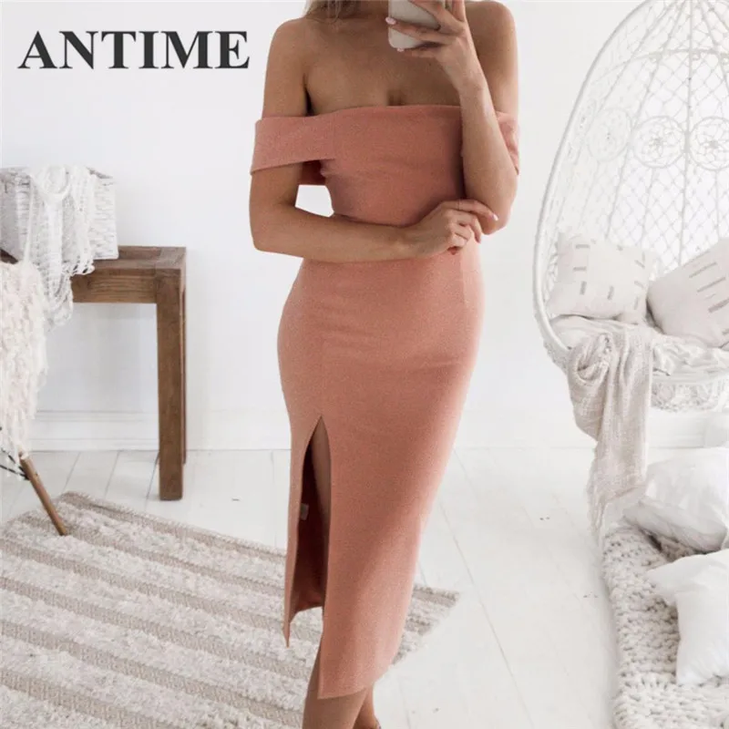 

ANTIME Women Pink Party Dresses Spring Summer Off Shoulder Slash Neck Split Short Sleeve Solid Midi Elegant Sexy Pretty Dress