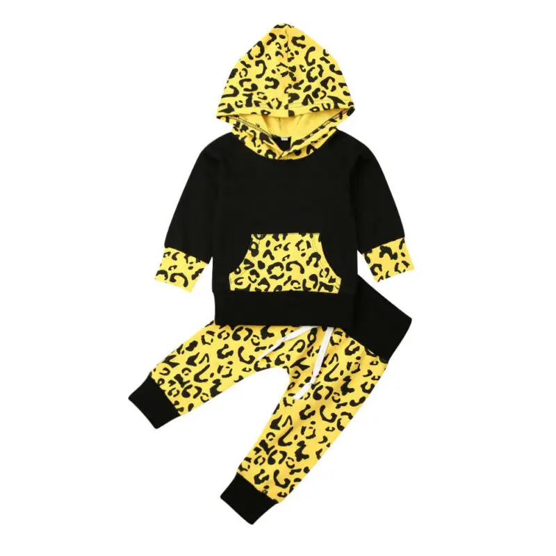 2019 Fashion Kids Baby Boy Girl Tracksuits Clothes Leopard Print 2Pcs Hooded Sweatshirts Lace-up Sport Pants Outfits 0-5Y | Детская
