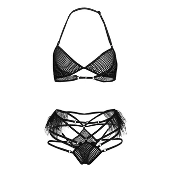 

New Women Sexy Lingerie Lace Bra Set 2020 New Fashion Feather G-string Panty Underwear Nightwear Soutien Gorge Transparent