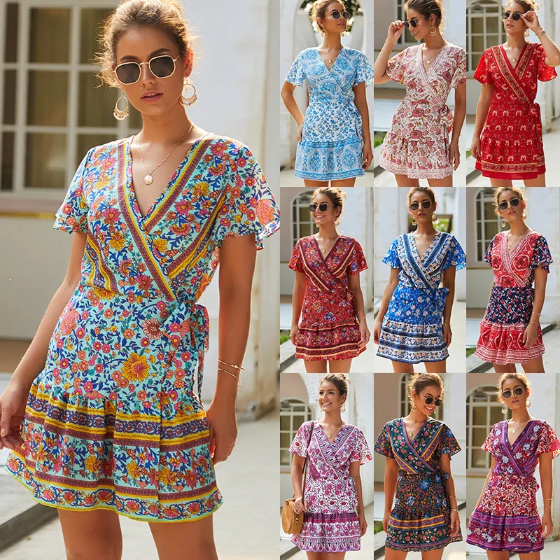 

Pictures summer V-neck sexy Bohemian print dress short skirt women's dress