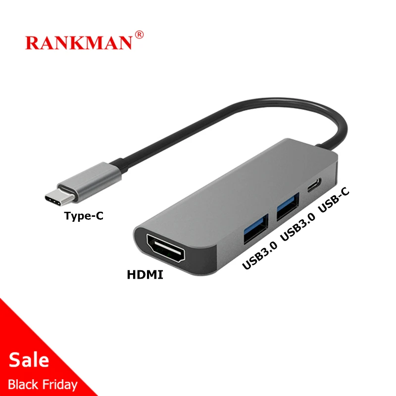 

Rankman Type C to HDMI 4K USB-C 3.0 Adapter Hub for MacBook iPad Samsung S8 Dex Huawei P30 Dock xioami 10 Projector TV Monitor