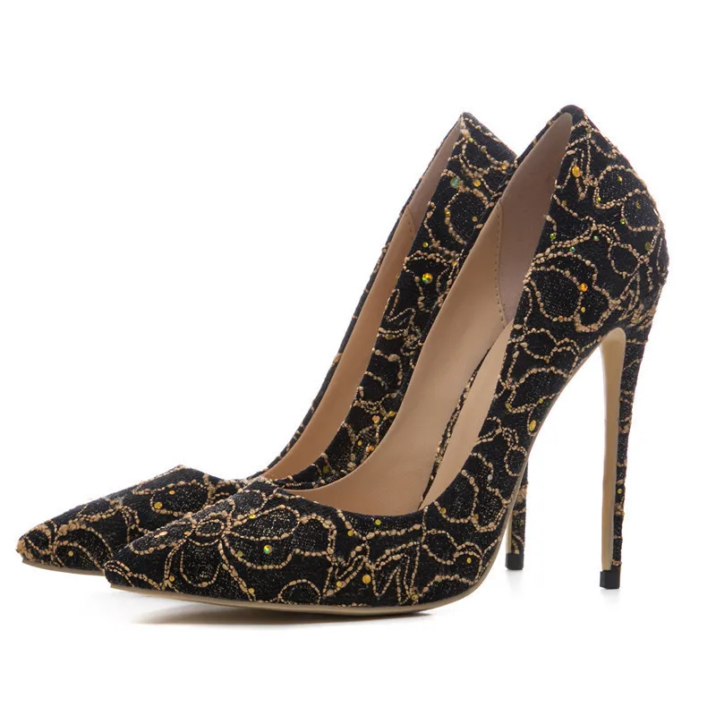 

Woman Rhinestone Wedding Pumps Stiletto Plus Size 33 43 44 High Heels Shoes Gold Party Sexy Black Red Valentine Shoes