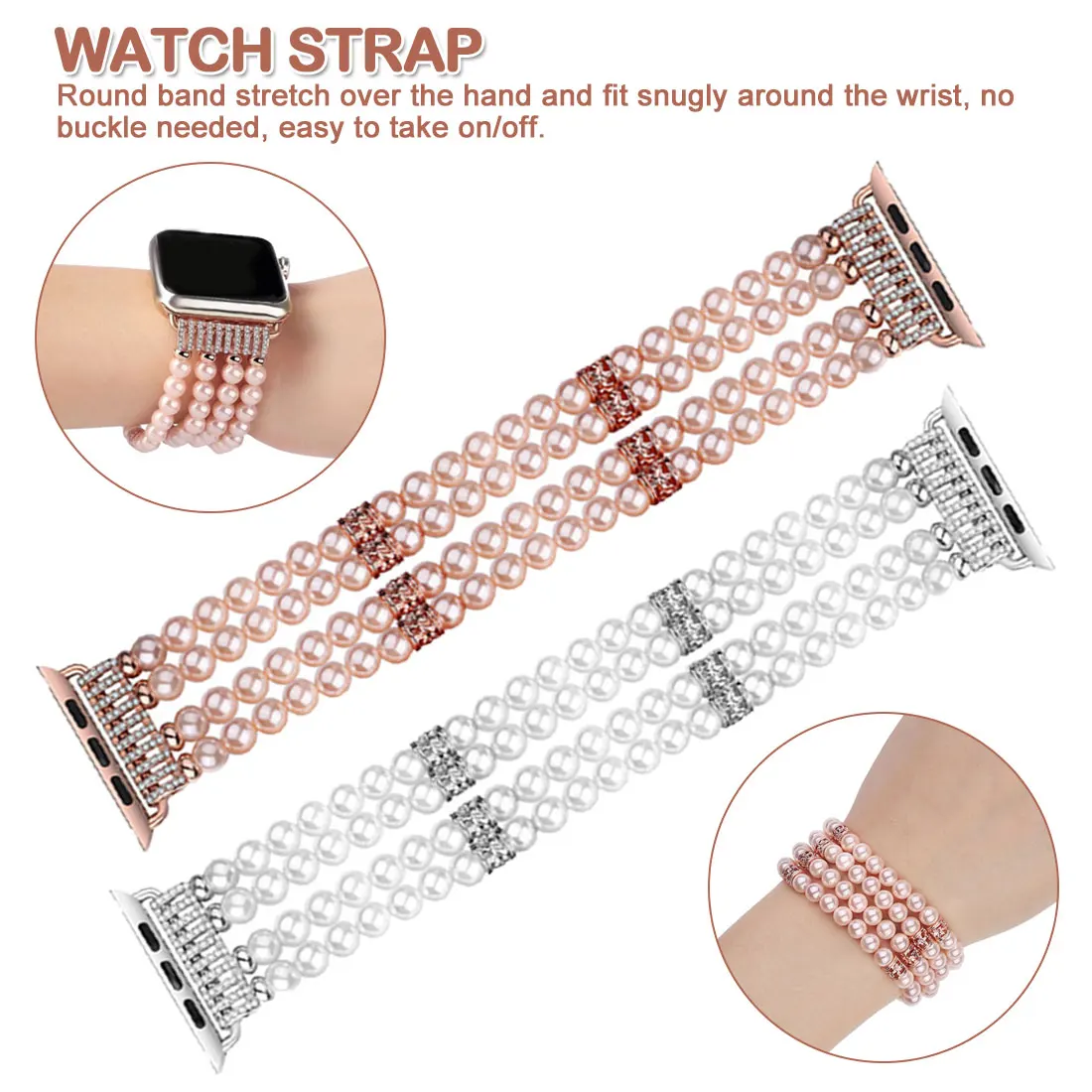 

Pearl Strap Metal Steel Link Replacement Watch Band Strap for Apple Watch Series 1 /2/ 3/ 4/5 38/40/42/44mm Elastic rope