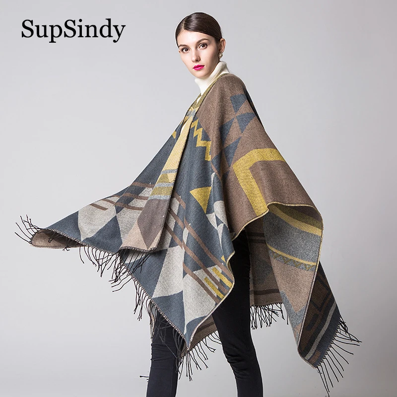 

SupSindy Winter scarf bohemian Style Cape Thick warm Shawl wrap Cashmere wool scarves for women cloak Tassel Poncho female stole