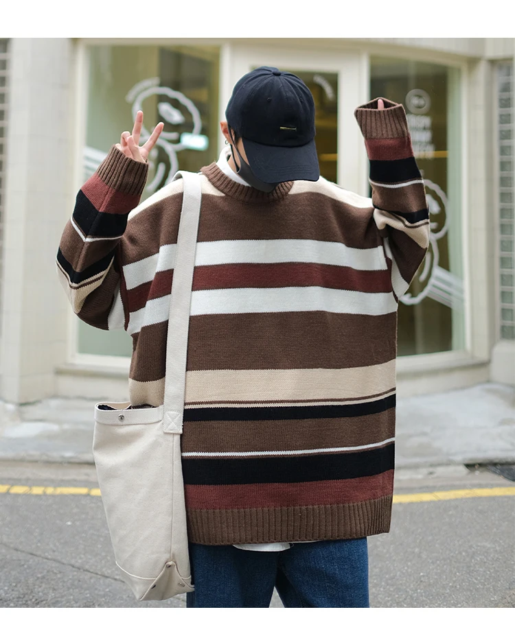 Striped Sweater Men Warm Fashion Contrast Color Casual O-neck Knit Pullover Men Streetwear Knitting Sweaters Male Sweter Clothes